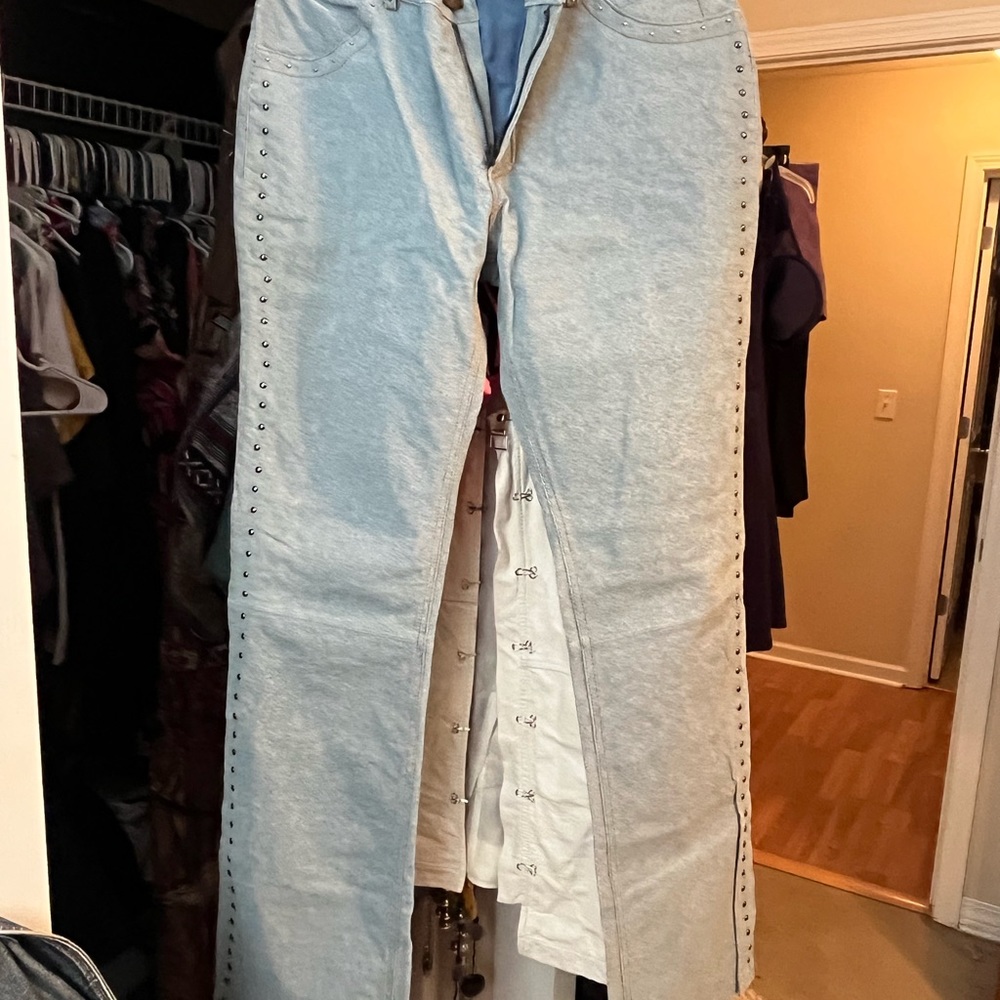 BIKER LADIES !! Perfect lightweight “lined” riding outfit.   Vest, jeans, chaps.